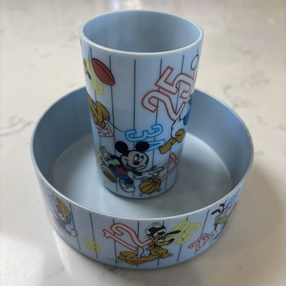 Vtg 1993 Betras Kids Mickey Mouse and Friends 2 Piece Dinnerware Set Sport Theme